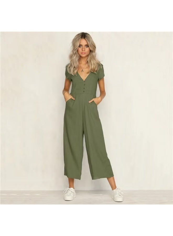 Barbora Linen Daily Summer V-Neck Short Leg Design Women's Jumpsuit LN1010KOYUHAKI1 - Image 2
